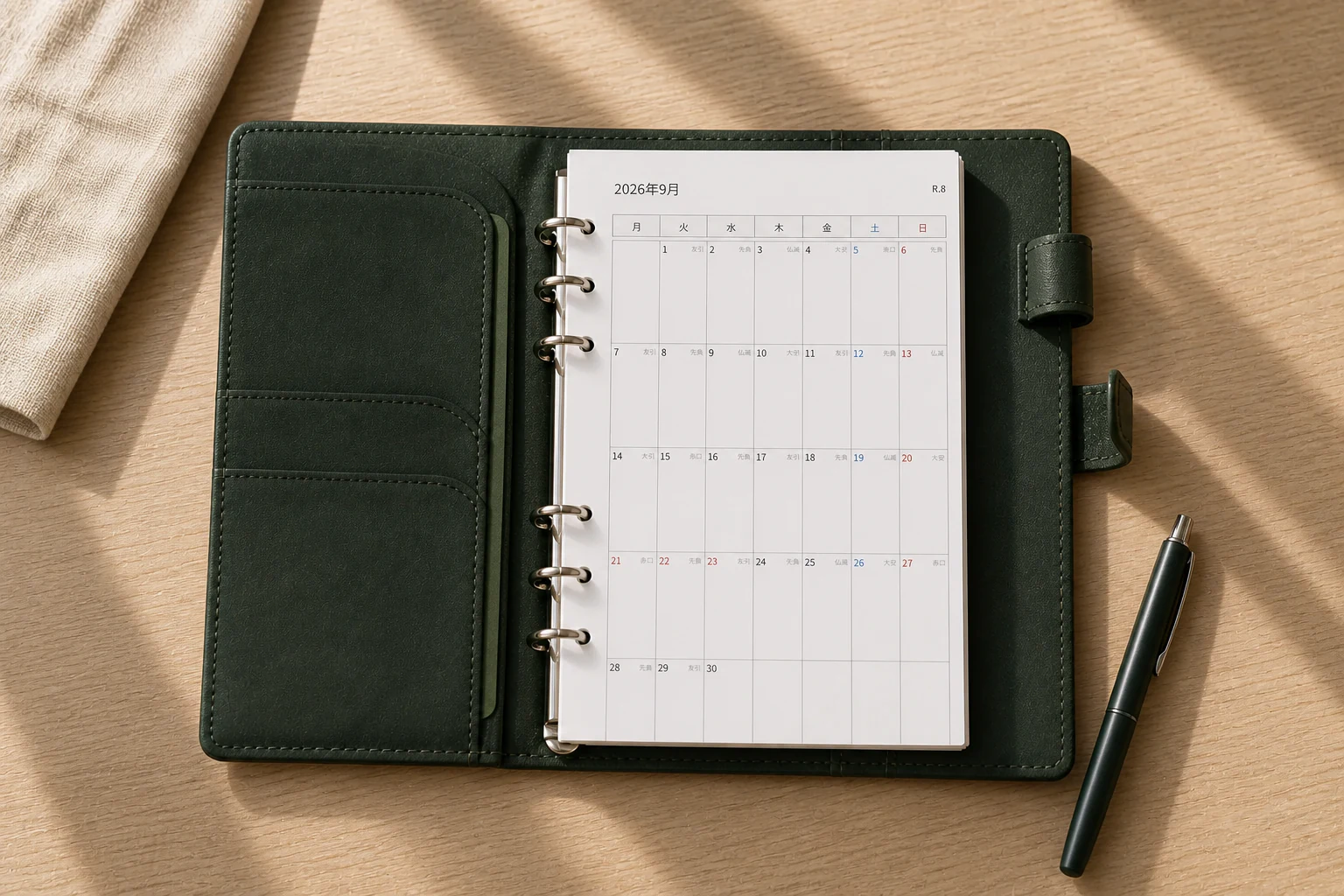 A green six-ring binder open to a printed monthly refill